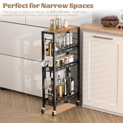 Narrow Storage Cart with Wheels,4-Tier Narrow Kitchen Carts Slim Rolling Cart,Skinny Storage Cart for Small Spaces,Rolling Utility Cart for Livingroom,Diningroom,Office,Laundry Room,Bathroom