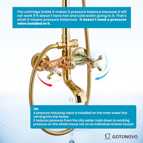 gotonovo Exposed Shower Tub Faucet Set 3 Function Wall Mount,Polish Gold | Shower System Fixtures with Tub Spout,8” Rain Head and Handheld,360°Rotation,Adjustable Height,for 5-6.7" Hole,Outdoor/Indoor - color: Bright Gold
