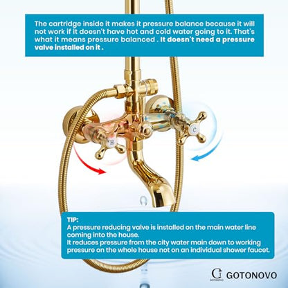 gotonovo Exposed Shower Tub Faucet Set 3 Function Wall Mount,Polish Gold | Shower System Fixtures with Tub Spout,8” Rain Head and Handheld,360°Rotation,Adjustable Height,for 5-6.7" Hole,Outdoor/Indoor - color: Bright Gold