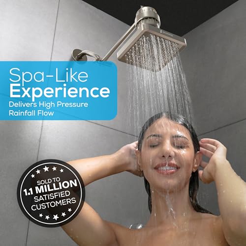 SparkPod Rain Shower Head, 8 Inch Square, Elegant Brushed Nickel Finish | High Pressure Shower Heads, 90 Nozzles, Adjustable Showerhead, No Tools Needed, Universal Connection - color: Elegant Brushed Nickel, style: 8 Inch Square