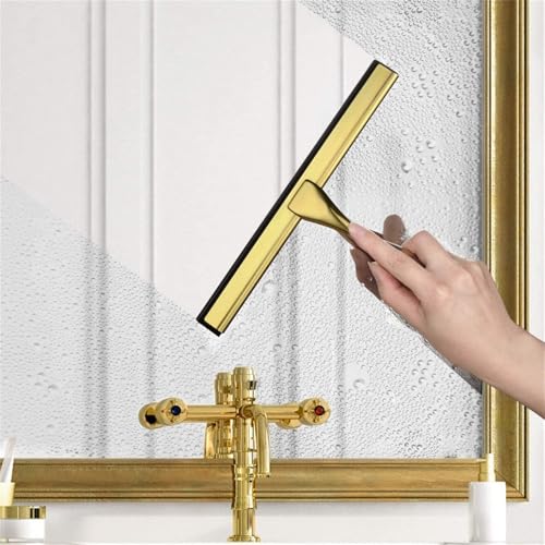 Gold Stainless Steel Shower Squeegee Window Glass Wiper Silicone Scraper Cleaner Brush Self Adhesive Hook for Kitchen Bathroom,Gold,14inch - size: 14inch