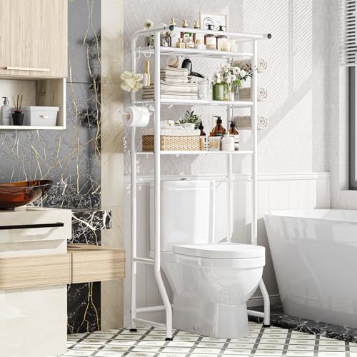 Simple Trending 3 Tier Over The Toilet Storage Rack, Metal Bathroom Shelf, Bathroom Stand Organizer Space Saver with Paper Holder and Hooks, White - color: White With Towel Rack