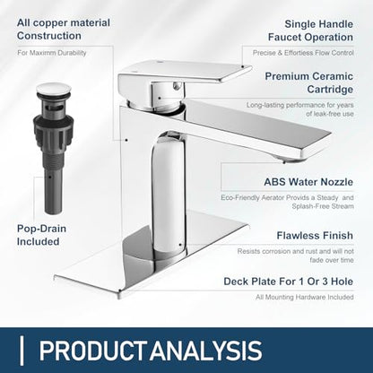 GENBONS Chrome Bathroom Faucets 1 Hole Single Handle Bathroom Vanity Sink Faucet with Pop-up Drain and Faucet Supply Lines Rv Lavatory Vessel Faucet Basin Mixer Tap | Pop Up Drain | Modern 1 or 3 Hole Basin Mixer Tap Washbasin Vanity Faucet | cUPC Supply
