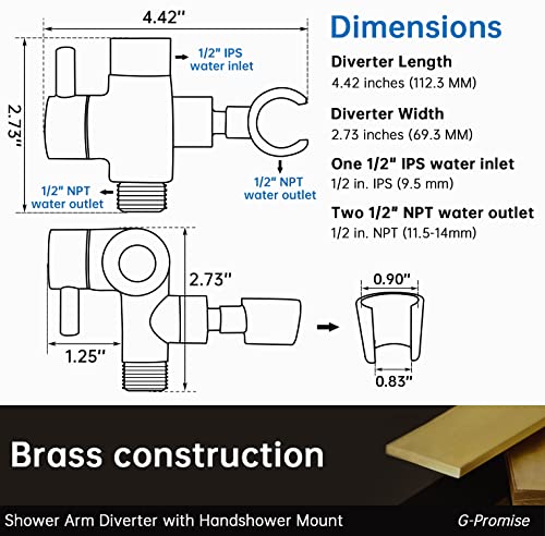 G-Promise Solid Metal Shower Head Diverter with Holder 3-Way | Spray Separately or Both, Adjustable-Angle Bracket, Anti-Leak, Smooth Knob Switch, Easy Install, Universal Replacement Part - color: Brushed Gold