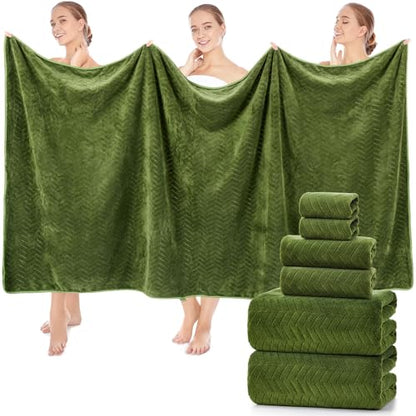 SmoothNovelty Set of 6 Extra Large Bath Towel 40 x 80 Inches Oversized Bath Sheet with 2 Shower Towels 2 Hand Towels 2 Washcloths for Adults Bathroom Spa Gym Quick Dry(Chevron Design,Olive Green) - color: Olive Green
