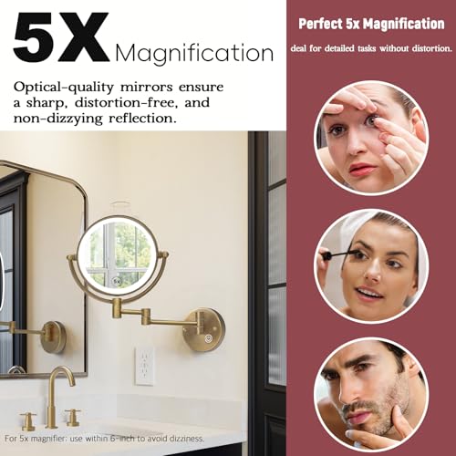 8" Lighted Makeup Mirror Wall Mounted with Magnification, Antique Brass | 2 Sided, 1X/5X Magnifying, 3-Color Lighting, Touch Dimming, Extended Arm, 360 Rotation, Bathroom Vanity Cosmetic, Hardwired - color: Antique Brass