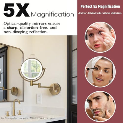 8" Lighted Makeup Mirror Wall Mounted with Magnification, Antique Brass | 2 Sided, 1X/5X Magnifying, 3-Color Lighting, Touch Dimming, Extended Arm, 360 Rotation, Bathroom Vanity Cosmetic, Hardwired - color: Antique Brass