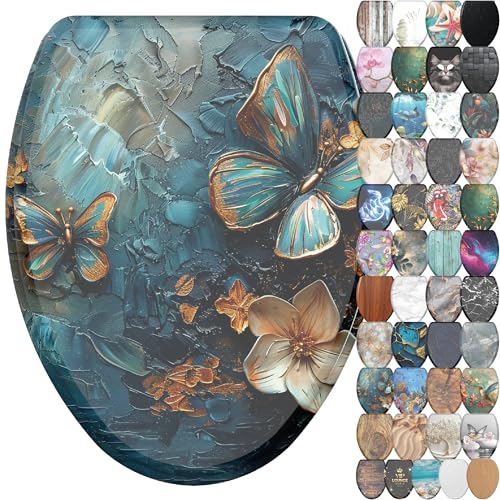 Sanilo Wooden Toilet Seat with Quick Release & Soft Close [ELONGATED] - Decorative & Slow Close Molded Wood Seat - With One Click for Easy Installation & Cleaning - With Adjustable Fit (Mariposa) - color: Mariposa