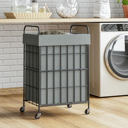 90L Laundry Hamper with Wheels, Laundry Basket with Handle and Liner Bag | Lockable Casters; Reinforced Frame; Breathable Fabric; Space-Efficient Design - color: Gray, size: 90L-1 Section