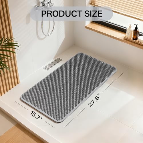 Shower Foot Scrubber Mat, Non Slip Shower Feet Mat Grey 16"x27" | Silicone Exfoliating With Suction Cups And Drain Holes, Quick Drying Soft Bathtub Mat, Machine Washable Drainage Bathroom Mat - color: Grey