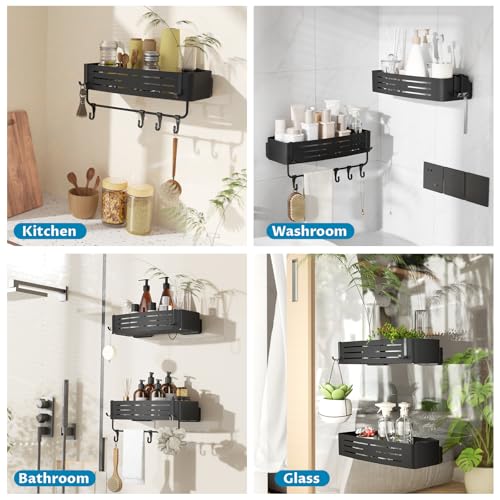 Onemake Suction Cup Shower Caddy, Shower Shelf, Bathroom Organizer, Black | No-drill Rustproof Aluminum Removable Caddy with Hooks, Wall Mounted Shower Organizer, Corner Shampoo Holder for Bathroom - style: 1 Tier-Black Square Caddy