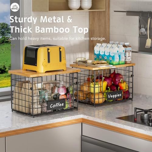 2-Pack Stackable Wire Baskets with 2 Pads & Bamboo Top, Pantry Organizer | Potato and Onion Storage Bin with Labels, Organize Produce/Fruit/Vegetable on Kitchen Counter, Cabinet or Under Sink, XL - size: XL-17.28x13.15x8.43