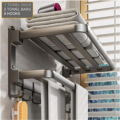 (1 Pack) Yariwiz Grey Towel Rack Wall Mounted No Drill and Screw Mounting, Bathroom Bath Shower Length 24 inch Double Towel Rod with Shelf Hotel Towel Rack B0502-GREY - color: Style#2-grey
