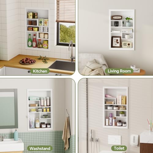 14x24 Medicine Cabinet Recessed Stainless Steel, with 5 Compartments Medicine Cabinet Organizer, Stainless Steel Wall Niche, Bathroom Wall Cabinet, Recessed Bathroom Cabinet, White - color: White, size: New Design 3-Tier