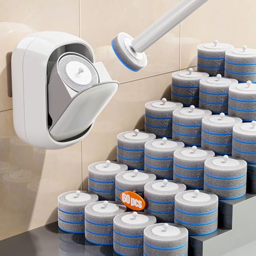 Ctime Disposable Toilet Brush Set with 60 Refills, Wall Mounted Wand Kit | Waterproof with Lid，Hands-Free Lid,New Wand Refills,One-Click Disposal,Pre-Loaded Cleaner,360° Rotating Head - size: 1 wand + 60 heads