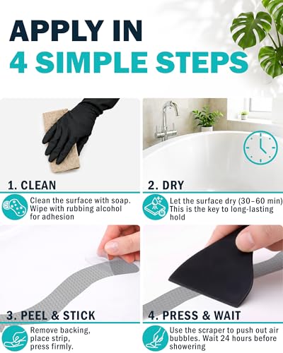 Anti-Slip Shower Stickers, Non-Slip Bathtub Appliques, Tub & Bath Strips | 30-Pack for Fuller Coverage | Gray, Low-Profile Design | Includes Scraper for Easy Application - color: Gray