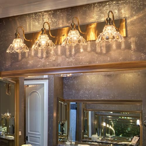 EDISLIVE Vintage Vanity Light for Bathroom Gold 4-Light Bath Wall Light Fixture with Clear Flower Glass Shades 36.22" E12 Antique Wall Sconce for Bedroom Hallway Living Room Vanity Mirror - color: Gold, size: 4 Light