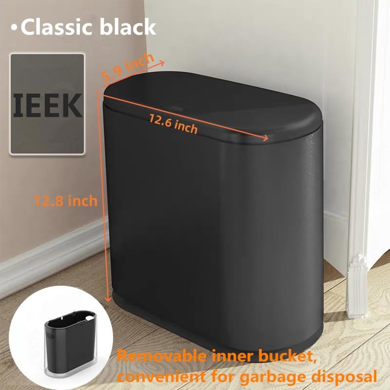 IEEK Plastic Trash Can with Press Top Lid,3.2 Gallon /12 Liter Garbage Can,Black Modern Waste Basket Thin Trash Cans for Bathroom,Kitchen,Living Room,Office and Narrow Spaces - color: Black