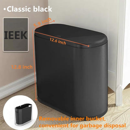 IEEK Plastic Trash Can with Press Top Lid,3.2 Gallon /12 Liter Garbage Can,Black Modern Waste Basket Thin Trash Cans for Bathroom,Kitchen,Living Room,Office and Narrow Spaces - color: Black
