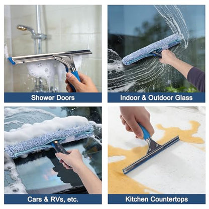 Professional Window Cleaning Kit, 14" Squeegee with 15" Scrubber | 14" Squeegee with 15" Microfiber Scrubber, Window Cleaning Tool for Home, Window Washing Equipment Commercial & Household Use