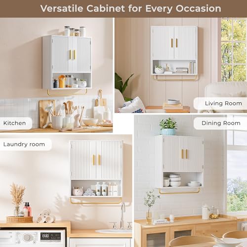 Bathroom Wall Cabinet, Medicine Cabinet with Fluted Door & Adjustable Shelf | Over The Toilet Storage Cabinet with Towel Bar, Space-Saving Cabinet Wall Mount for Laundry Room, Kitchen, Living Room - color: White