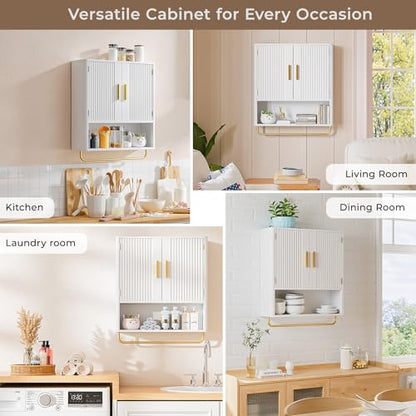 Bathroom Wall Cabinet, Medicine Cabinet with Fluted Door & Adjustable Shelf | Over The Toilet Storage Cabinet with Towel Bar, Space-Saving Cabinet Wall Mount for Laundry Room, Kitchen, Living Room - color: White