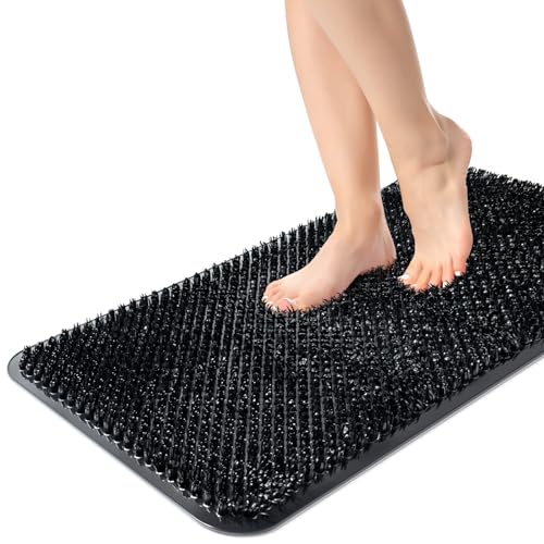 Yolife Shower Foot Scrubber Mat, Anti-Slip Bath Mat with Scrub Bristles, Soft Shower Foot Massager with Strong Suction Cups for Soothe Achy Feet, 25.6" x 13.4" - color: Black, size: 25.6" x 13.4" (Rectangular)