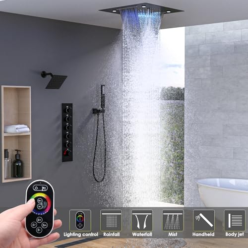 Enga Luxury Dual Shower Head System LED Thermostatic Shower System with 6 inch Wall Shower, 20-Inch 3 Function Shower Head (Rainfall & Mist & Waterfall), Matte Black - color: Matte Black, style: 20" Head (Rain + Mist+Waterfall) - 6" Head