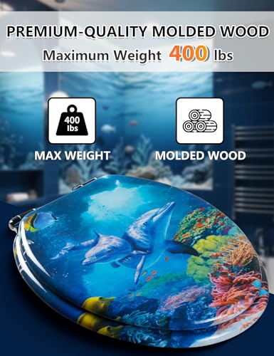 Angol Shiold ELONGATED Soft Close Wood Toilet Seat Blue Ocean Dolphins18.5" | Heavy Duty Quiet and Slow Close Lid and Seat, Quick Release Easy Installation & Clean(Blue Ocean Dolphins) - size: Elongated -18.5"