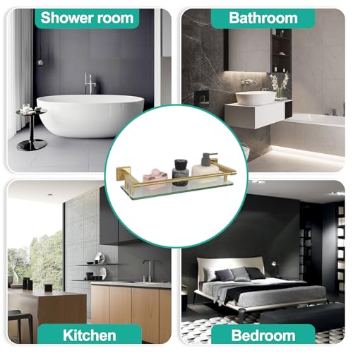 Glass Shelf for Bathroom Rectangular Stainless Steel Tempered Glass Modern Stainless Steel Wall Mount Shelf (Brushed Gold, 16‘’ with Railing) - color: Brushed Gold, size: 16'' with Railing