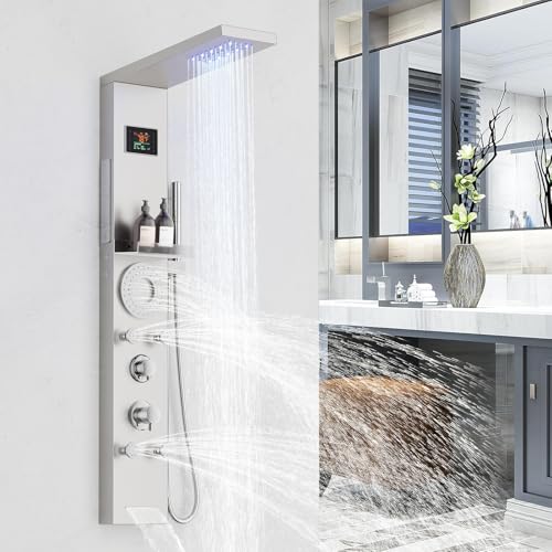 RUMOSE Brushed Nickel Shower Panel Tower System, 5-Mode Shower Faucet Set | LED Light Rainfall Shower Head Digital Display with Massage Jets Tub Spout Shower Shelves, Stainless Steel, Wall Mount - color: Brushed Nickel