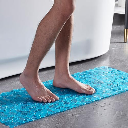 Webos Bath Shower Mat Non Slip: Extra Large Pebble Bathtub mat for Families, Anti Slip Shower Matt with Drain Holes Suction Cups Tub Mat - 16 X 40 Inch Clear Green - color: Pebble Clear Green