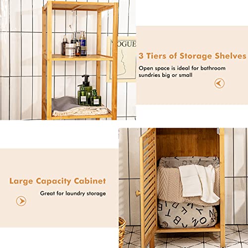 Tall Bamboo Cabinet, Narrow Bathroom Floor Storage Cabinet with 3 Tier Shelves & Shutter Door, Slim Linen Tower Cabinet for Living Room or Kitchen, 15.5 x 14.5 x 65 inches