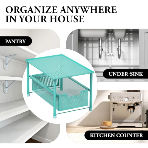 Simple Houseware Stackable Under Sink Sliding Basket Drawer, Turquoise | Perforated Free Standing Organizer, Kitchen/Pantry/Cabinet/Counter - color: Turquoise