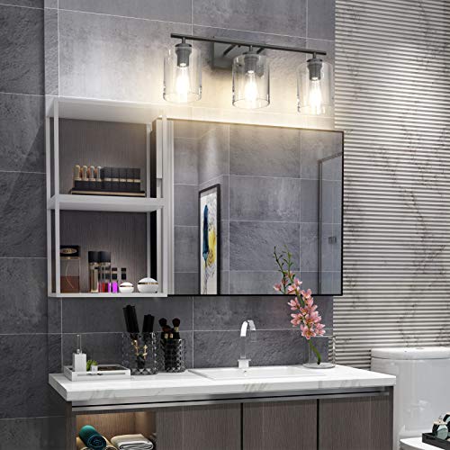 Aipsun 3 Lights Black Vanity Light Fixtures Over Mirror with Clear Glass Shades Industrial Wall Light Fixture for Bathroom(Exclude Bulb) - size: 24.4 inch