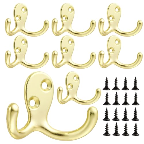 Double-Prong Coat Hooks Wall Mounted - 8 pack Gold Wall Hooks for hanging - Great for Living Room, Bedroom, Bathroom, Closet for Coat, Bag, Towel, Hat, Key, Cup, Watch, Heavy-Duty, Easy to Install - color: 8pcs Gold