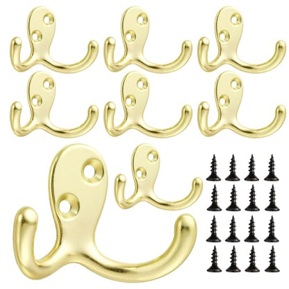 Double-Prong Coat Hooks Wall Mounted - 8 pack Gold Wall Hooks for hanging - Great for Living Room, Bedroom, Bathroom, Closet for Coat, Bag, Towel, Hat, Key, Cup, Watch, Heavy-Duty, Easy to Install - color: 8pcs Gold