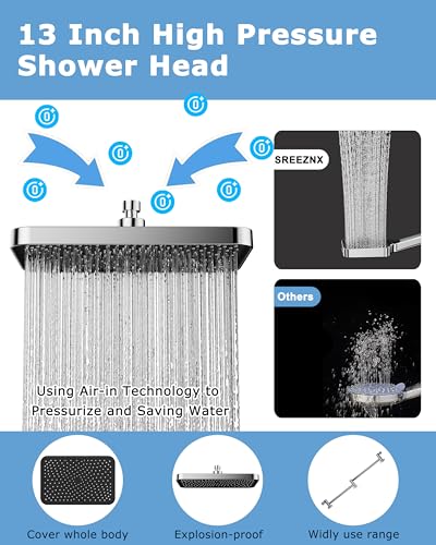 13 Inch Rain Shower Head Extension Arm 19 Inch, Shower Head High Pressure Showerheads, Shower Heads with Handheld Spray Combo Chrome