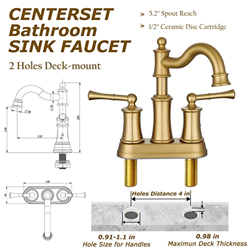 Roman Bathroom Sink Faucet Deck Mount or Wall Mount Installation Pop-up Drain Assembly with Overflow Deck Plate and Water Supply Lines Included (2 Hole Deck Mount, Brushed Gold) - color: Brushed Gold, style: 2 Hole Deck Mount