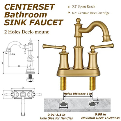 Roman Bathroom Sink Faucet Deck Mount or Wall Mount Installation Pop-up Drain Assembly with Overflow Deck Plate and Water Supply Lines Included (2 Hole Deck Mount, Brushed Gold) - color: Brushed Gold, style: 2 Hole Deck Mount