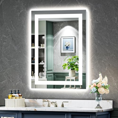 24x30 Inch LED Bathroom Mirror with Lights Front and Backlit Lighted Vanity Mirror for Bathroom Wall with 3 Colors Dimmable Anti-Fog Memory Shatter-Proof IP54 Waterproof Horizontal/Vertical - color: Backlit+front Lit, size: 24"L x 30"W