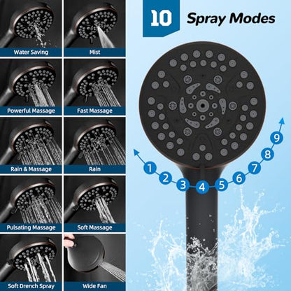 Hibbent High Pressue All Metal 12" Rainfall Shower Head, Handheld 10-Spray | cUPC Certified Oil-Rubbed Bronze Dual Showerhead Combo, 4-way Diverter with Pause Mode, Extension Arm, 71'' Hose & Holder - color: Oil Rubbed Bronze, style: Square 12"