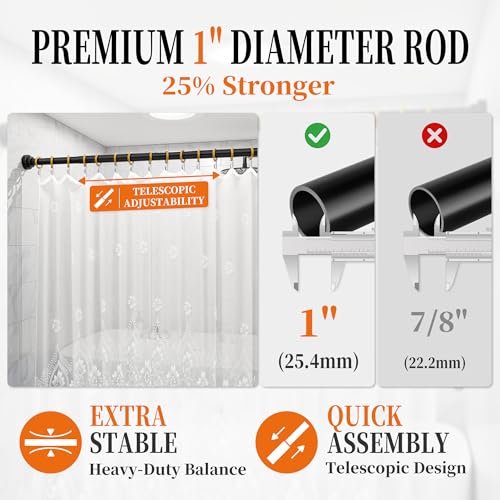 STARLATTA 2 Pack Shower Curtain Rods:43-80 Inch No Drilling Tension Rods, 1" Diameter Heavy Duty Adjustable, Stainless Steel Rust-Proof Spring Anti-Slip Curtain Rod for Bathroom (Black,80'') - color: Black, size: 43''-80''