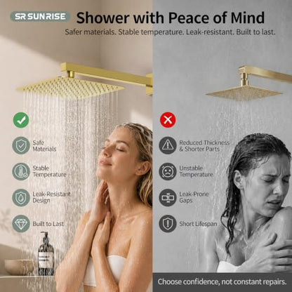 SR SUN RISE Shower Faucets Sets Complete Brushed Gold Square Rain Shower Head with Handheld Spray All Metal Shower Faucet Trim Repair Kits (Contain Shower Valve) - color: Brushed Gold, size: 10 Inch