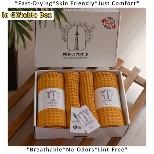 PÜSKÜL Natural 100% Turkish Cotton Waffle Towels Set of 4-Piece, Mustard Y. | 2-Bath sheet (Extra-large 32x63") and 2-Hand towel (Large 32x16"). Premium honeycomb-waffle weave, oeko-tex made in Turkiye. - color: Mustrad Yellow