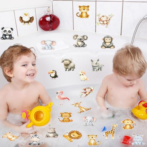 Whaline 24Pcs Woodland Animal Bathroom Non Slip Stickers Waterproof Anti Slip Bathtub Treads with Scraper Cartoon Forest Animal Adhesive Decals for Bathroom Shower Floor Decor