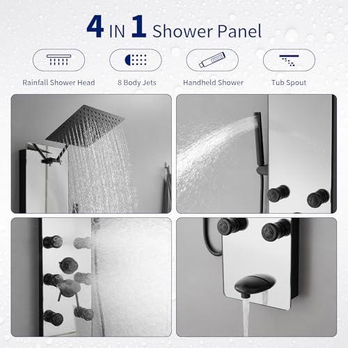 BWE Stainless Steel Shower Panel Tower System Black Split Type | Multi-Function Tempered Glass Shower Panel Rainfall Shower Head Sprayer 8-Massage Jets with Tub Spout Hand Shower