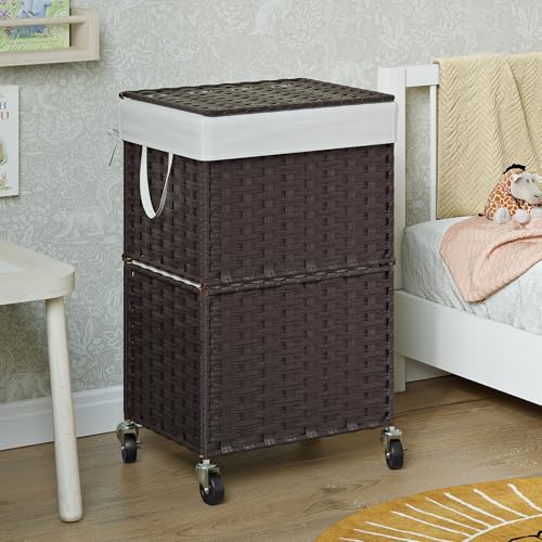 Chrislley Wicker Laundry Basket with Wheels,Rolling Laundry Hamper with Lid | 90L Slim Clothes Hamper with Wheels & Removable Liner Bag, Handwoven Rattan Laundry Organizer for Bedroom, Bathroom, Brown - color: Brown