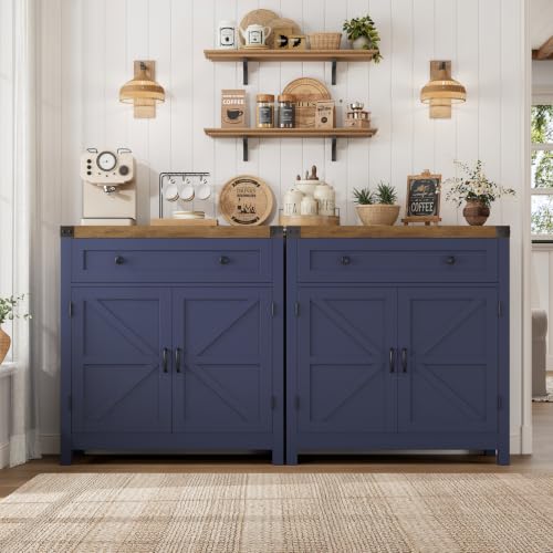 HOSTACK Kitchen Storage Cabinet, Farmhouse Coffee Bar Cabinet, Blue/Brown | Small Buffet Cabinet with Doors & Wide Drawer, Wood Sideboard Buffet, Entry Table w/ Adjustable Shelf for Dining Living Room - color: Blue / Rustic Brown