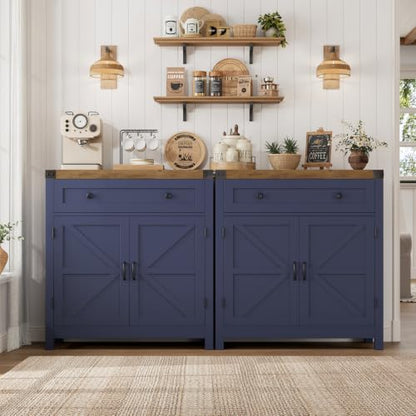 HOSTACK Kitchen Storage Cabinet, Farmhouse Coffee Bar Cabinet, Blue/Brown | Small Buffet Cabinet with Doors & Wide Drawer, Wood Sideboard Buffet, Entry Table w/ Adjustable Shelf for Dining Living Room - color: Blue / Rustic Brown
